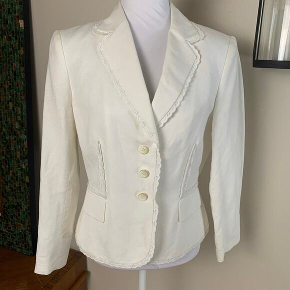 Isabella DeMarco Jackets & Blazers - Vintage Size S Linen Blend Blazer Jacket Ivory White Eyelet Lace Trim Lined Twee